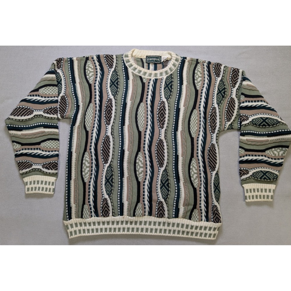 Vintage Campus Sweater Mens Medium Green 3D Chunky Knit 90s Cosby Biggie USA